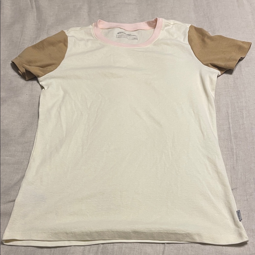 Eddie Bauer Cream and Tan Short Sleeve Tee with light pink collar